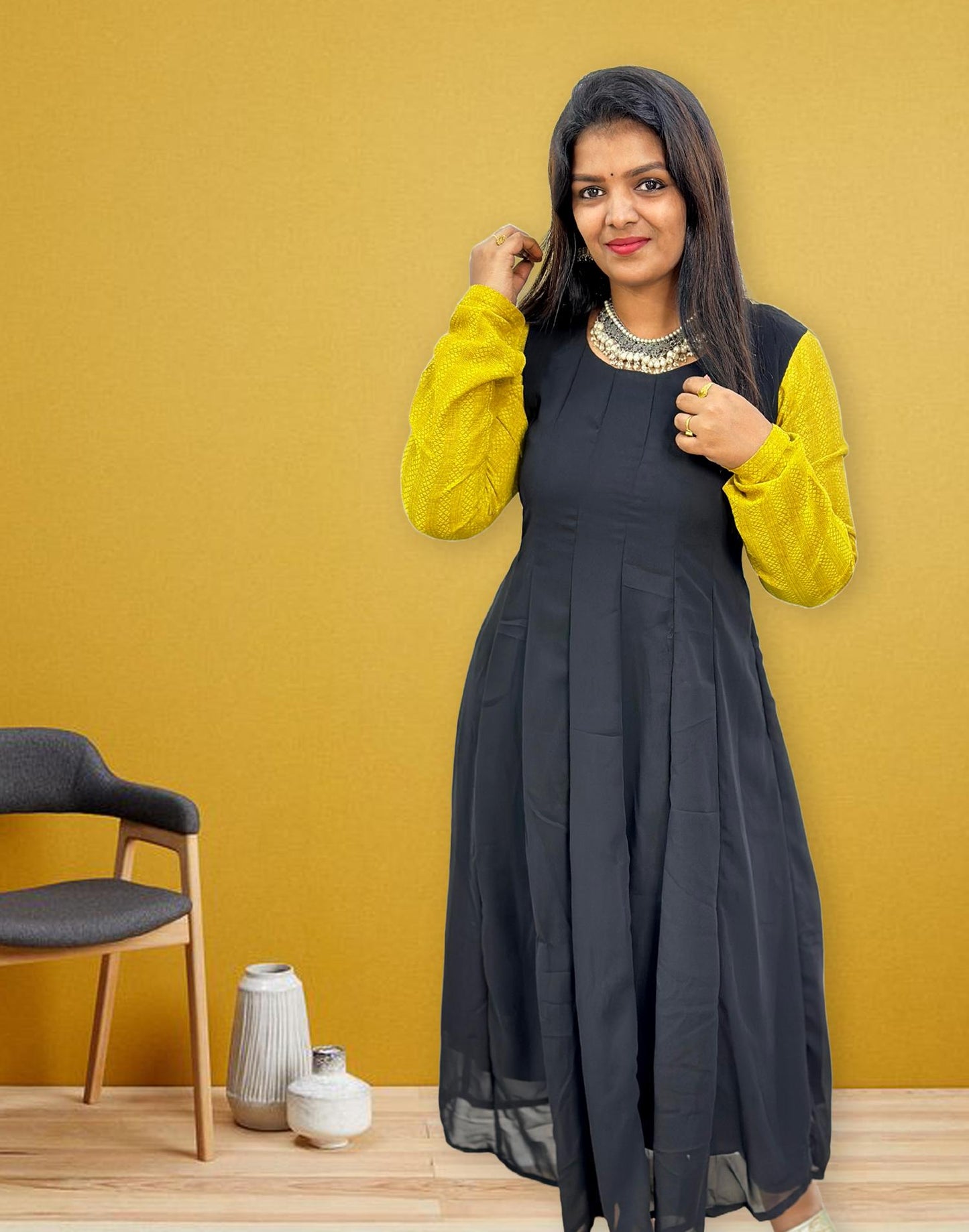 OFFER ANARKALI KURTI BLACK n LEMON YELLOW E3144 180224K - ELENTRA DESIGNS BY NIMI HEINS