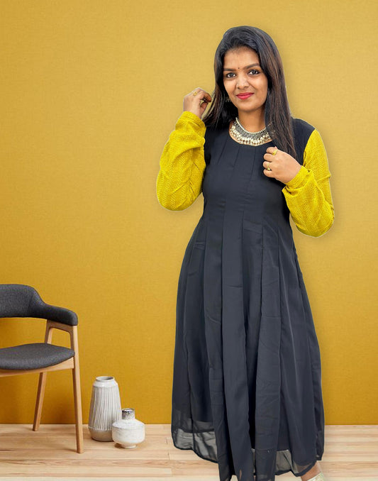180224 (E3144) OFFER ZONE ANARKALI KURTI - Black with Lemon Yellow - ELENTRA DESIGNS BY NIMI HEINS
