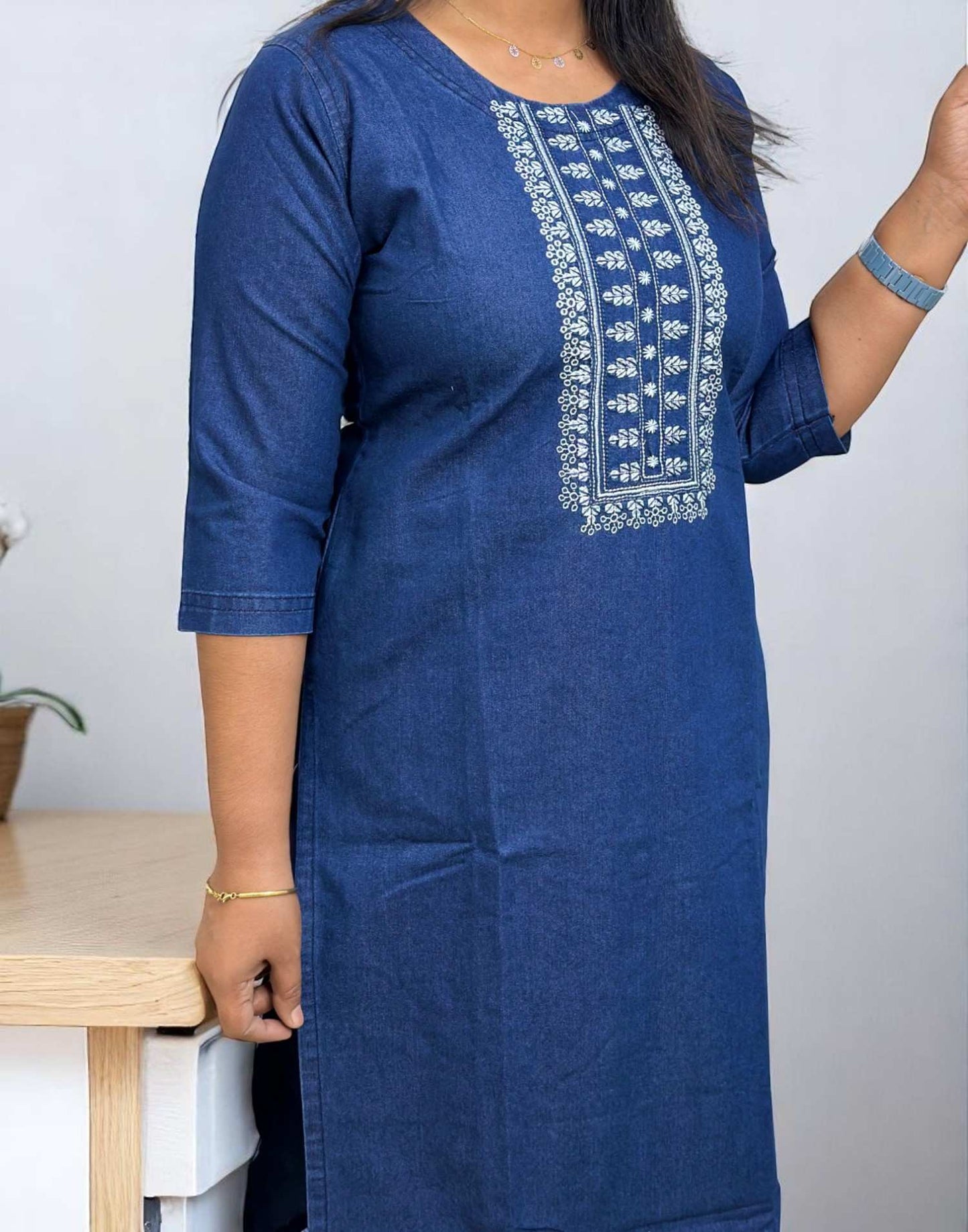 240525Q (E6111) DENIM KURTI - Round Neck