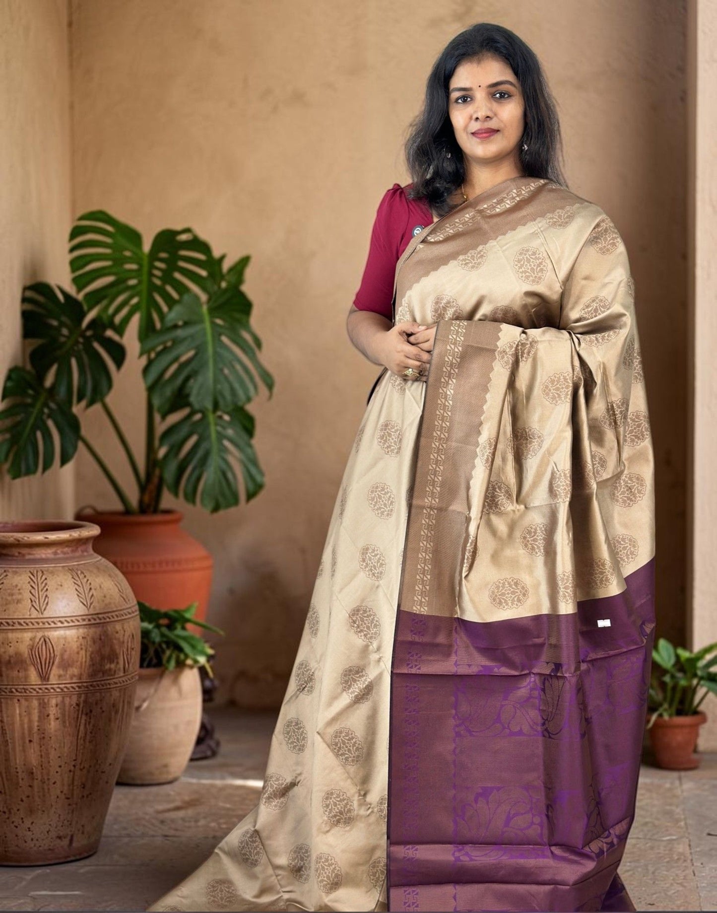 SAREE SOFT SILK CHIKKU n PURPLE E7242 030926S
