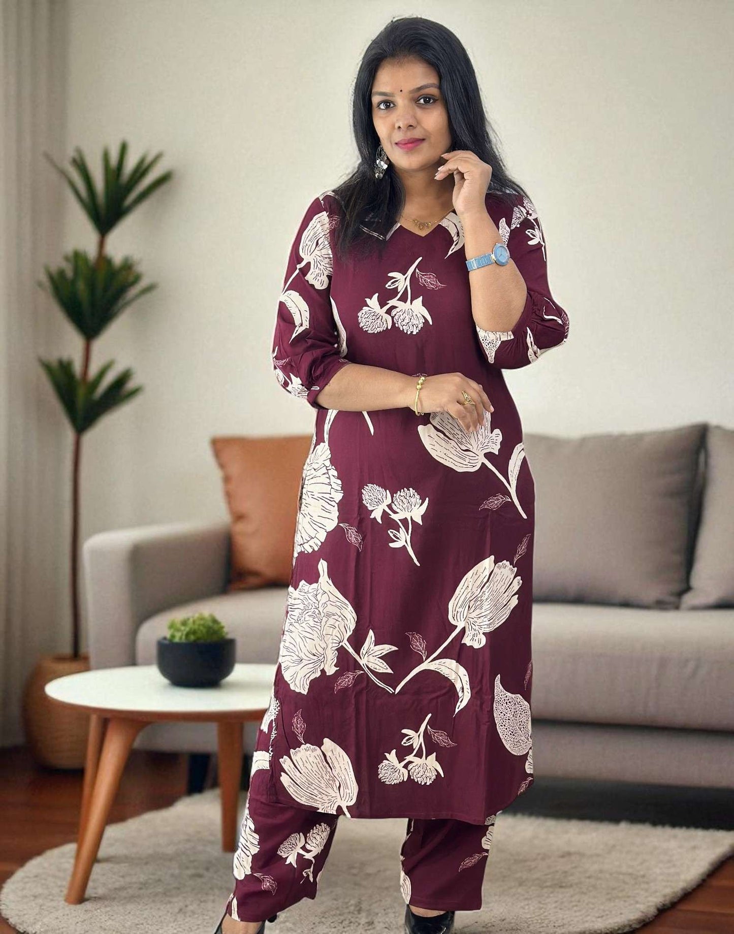 080725CS (E6222) SLITTED CO-ORD SET - Maroonish Wine