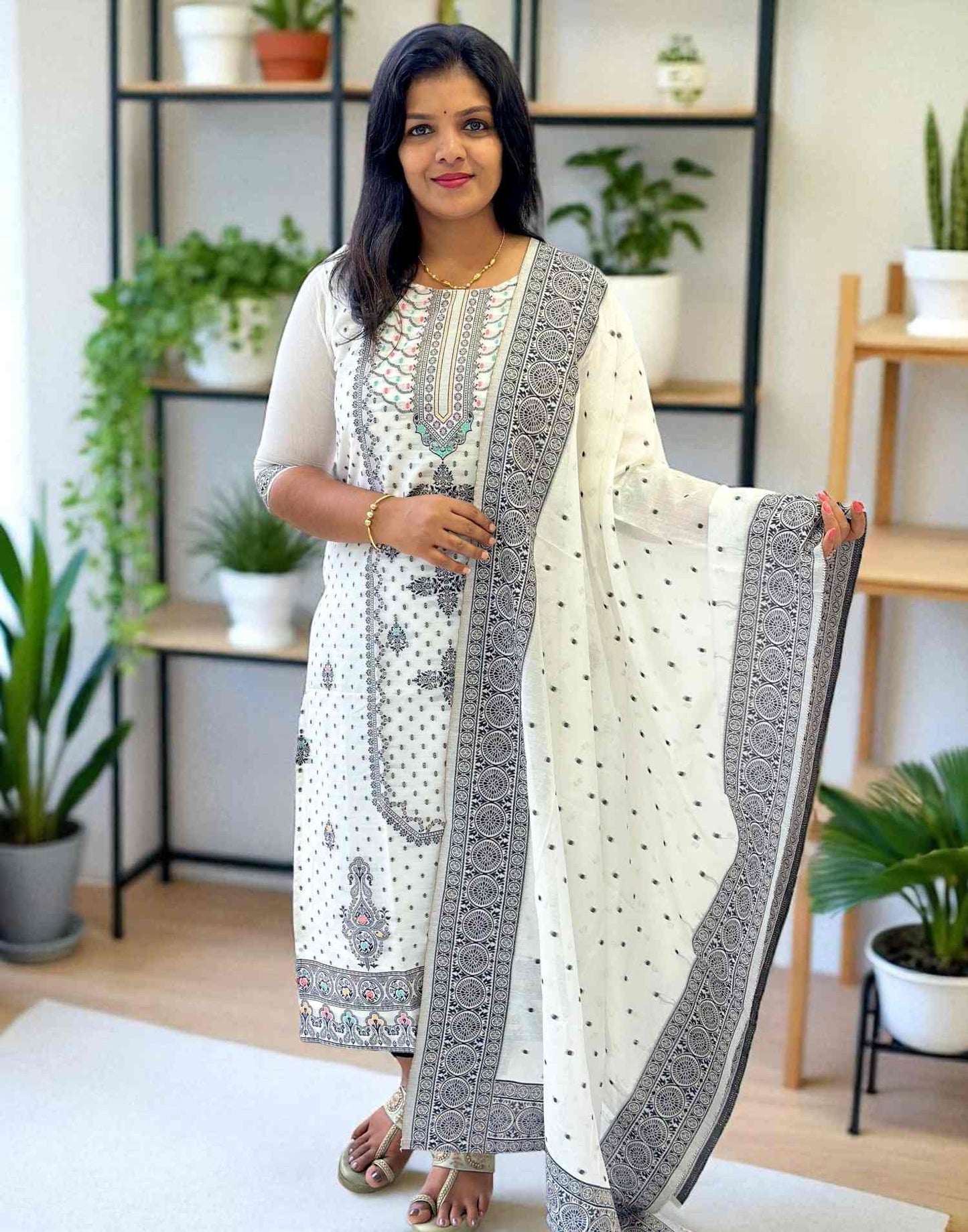 220725RW (E6253) KURTI WITH DUPATTA - Black n White