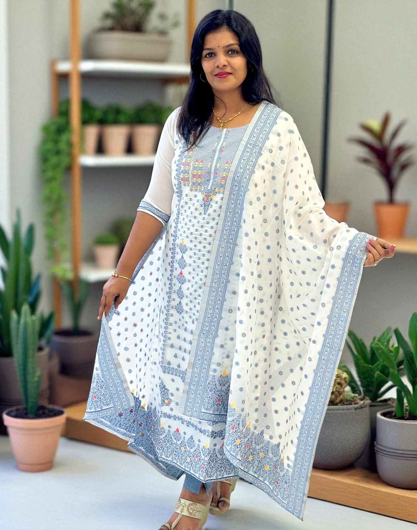220725RW (E6253) KURTI WITH DUPATTA - Bluish Gray