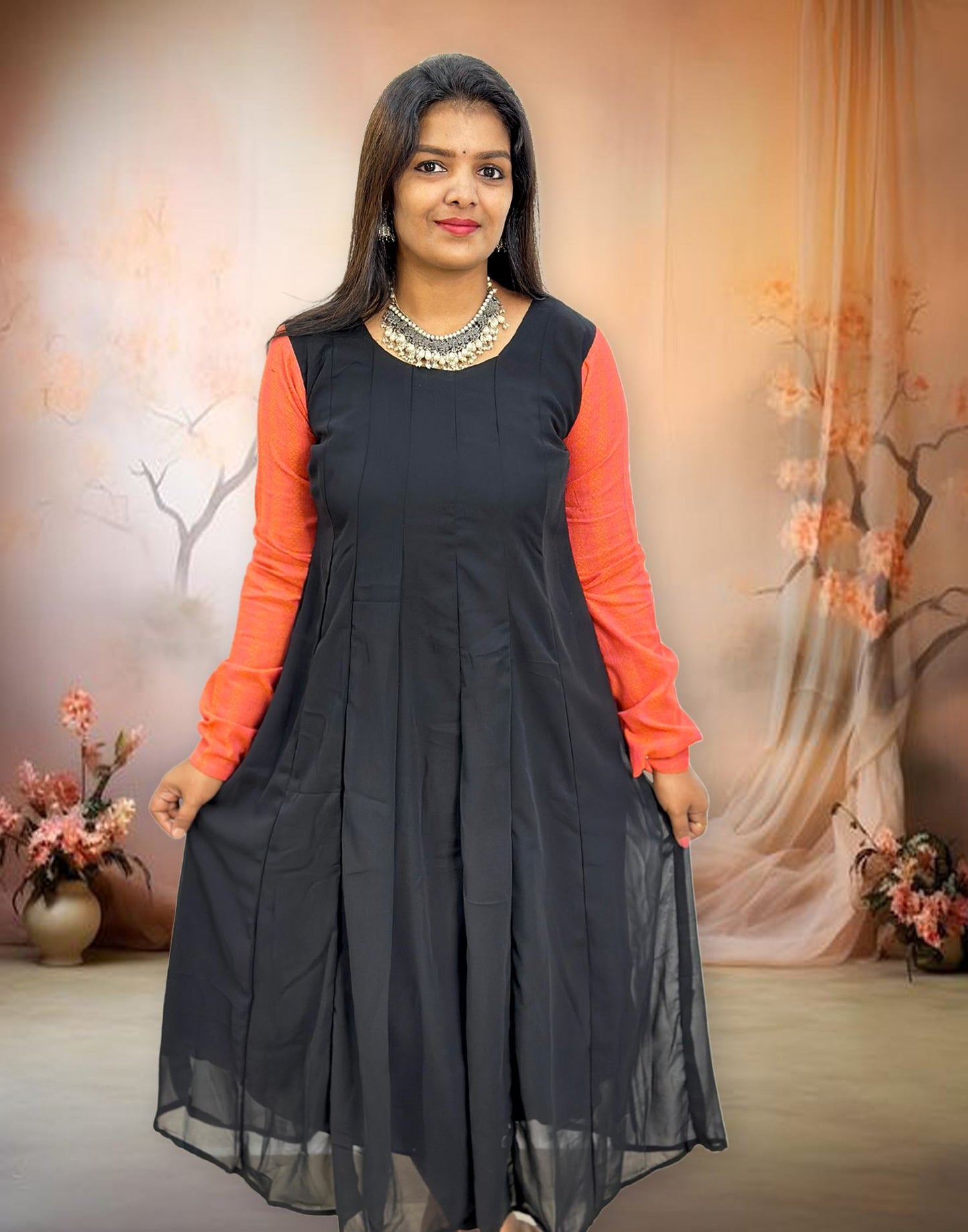 OFFER ANARKALI KURTI BLACK n ORENGISH PEACH E3144 180224K - ELENTRA DESIGNS BY NIMI HEINS