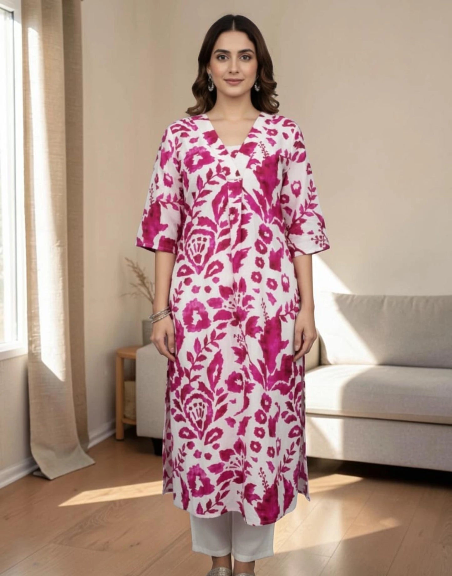 A woman stands in a bright living room wearing a long-sleeved white kurta with a bold magenta floral and paisley print, paired with light gray pants.