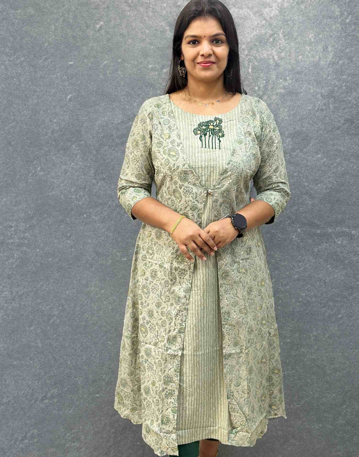 150624 (E2776) OFFER ZONE EMBROIDERY A-LINE KURTI - Metallic Green