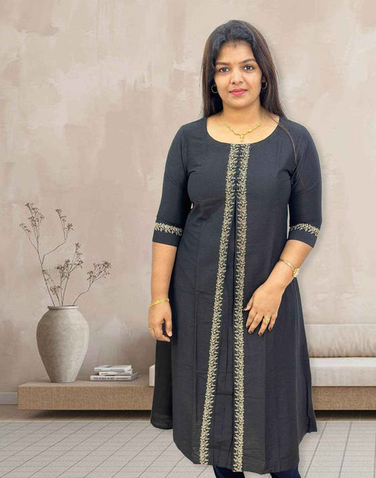 050124 (E3075) OFFER ZONE A-LINE EMBROIDERY KURTI - Black