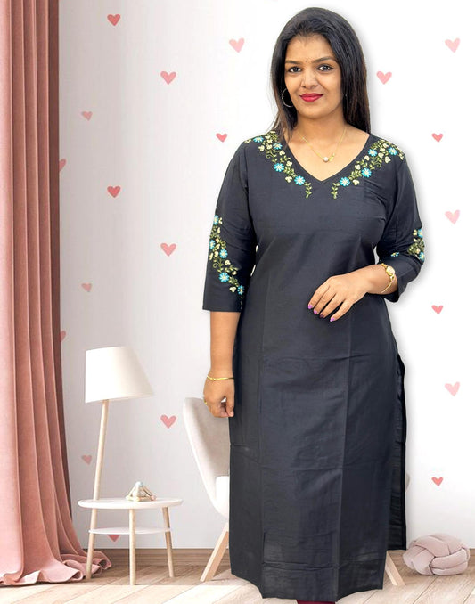 280724E (E3932) OFFER ZONE DESIGNER EMBROIDERY KURTI - Black