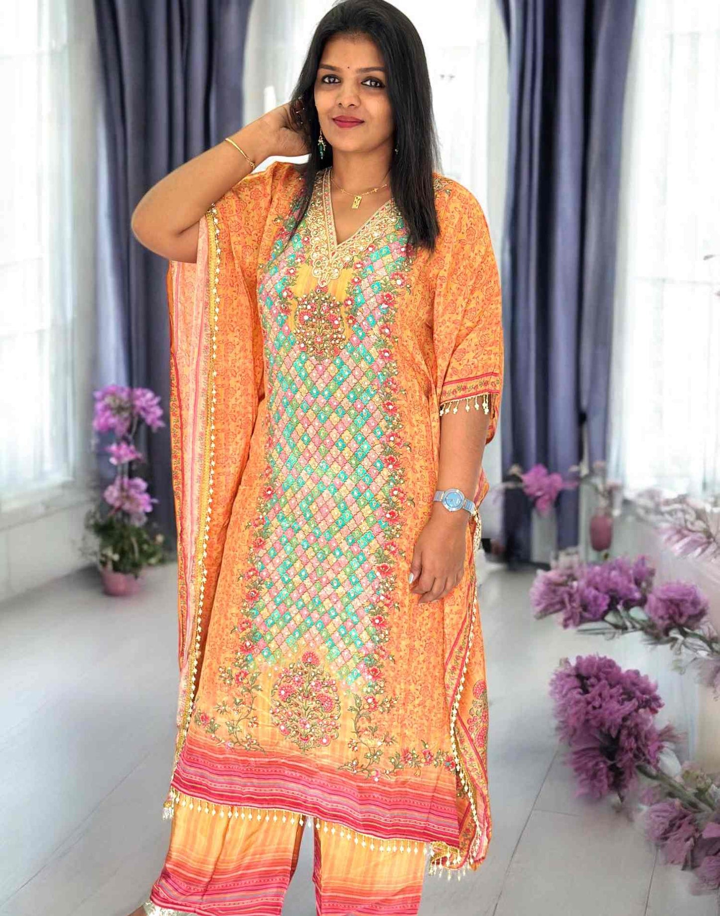 050325W (E5347) PREMIUM KAFTAN SETS - Orangish Yellow