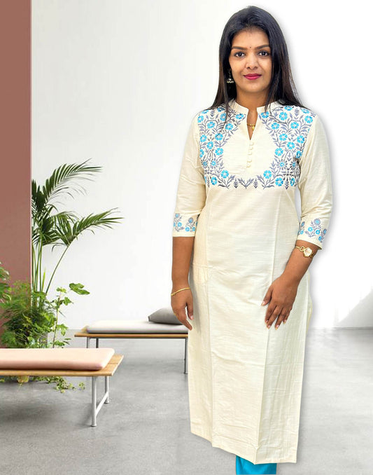 240824C (E4171) OFFER ZONE DESIGNER EMBROIDERY KURTI - Cream - ELENTRA DESIGNS BY NIMI HEINS
