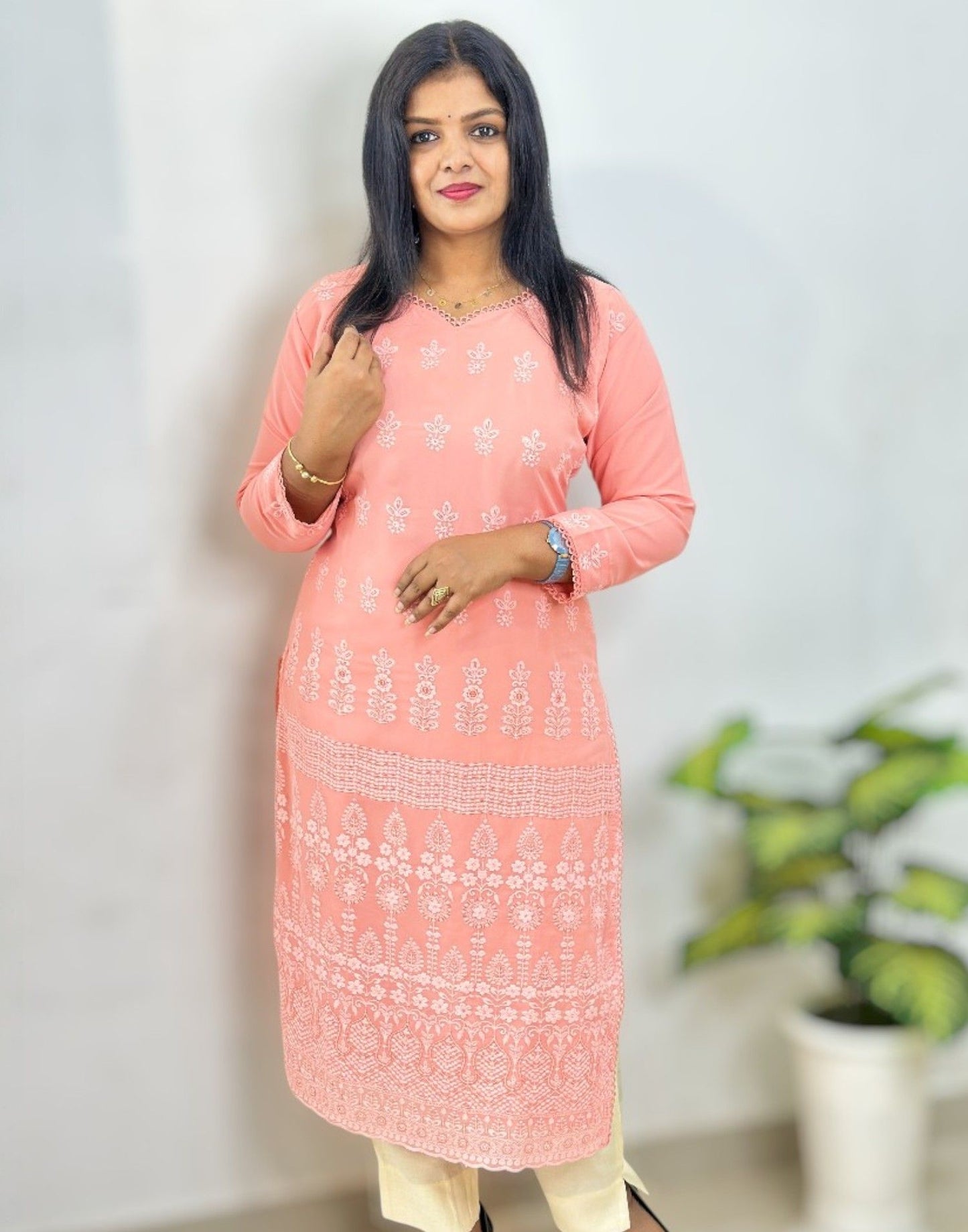 310825CK (E6425) GEORGETTE CHIKANKARI KURTI - Peach