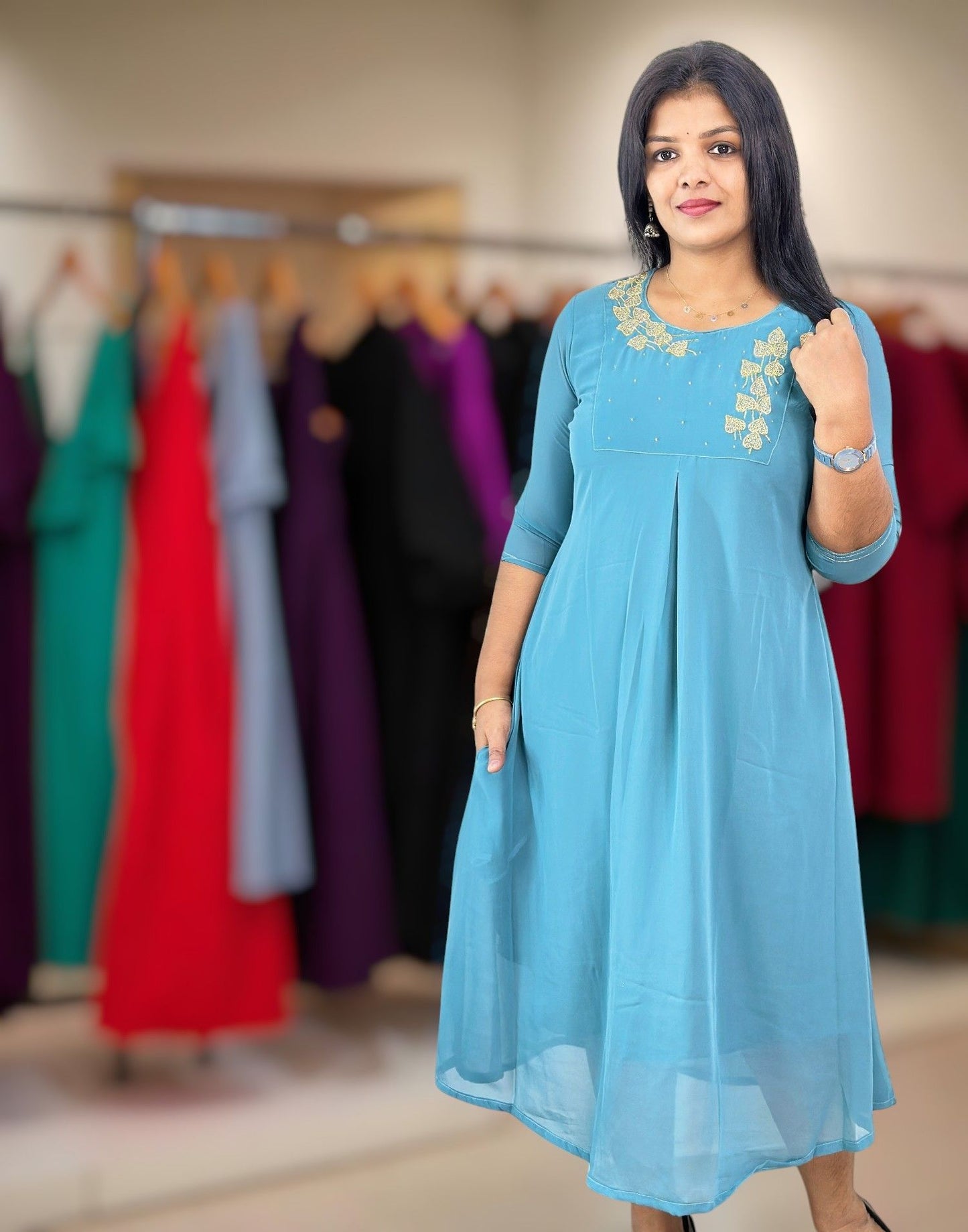 260825HK (E6407) GEORGETTE A-LINE KURTI - Powder Blue