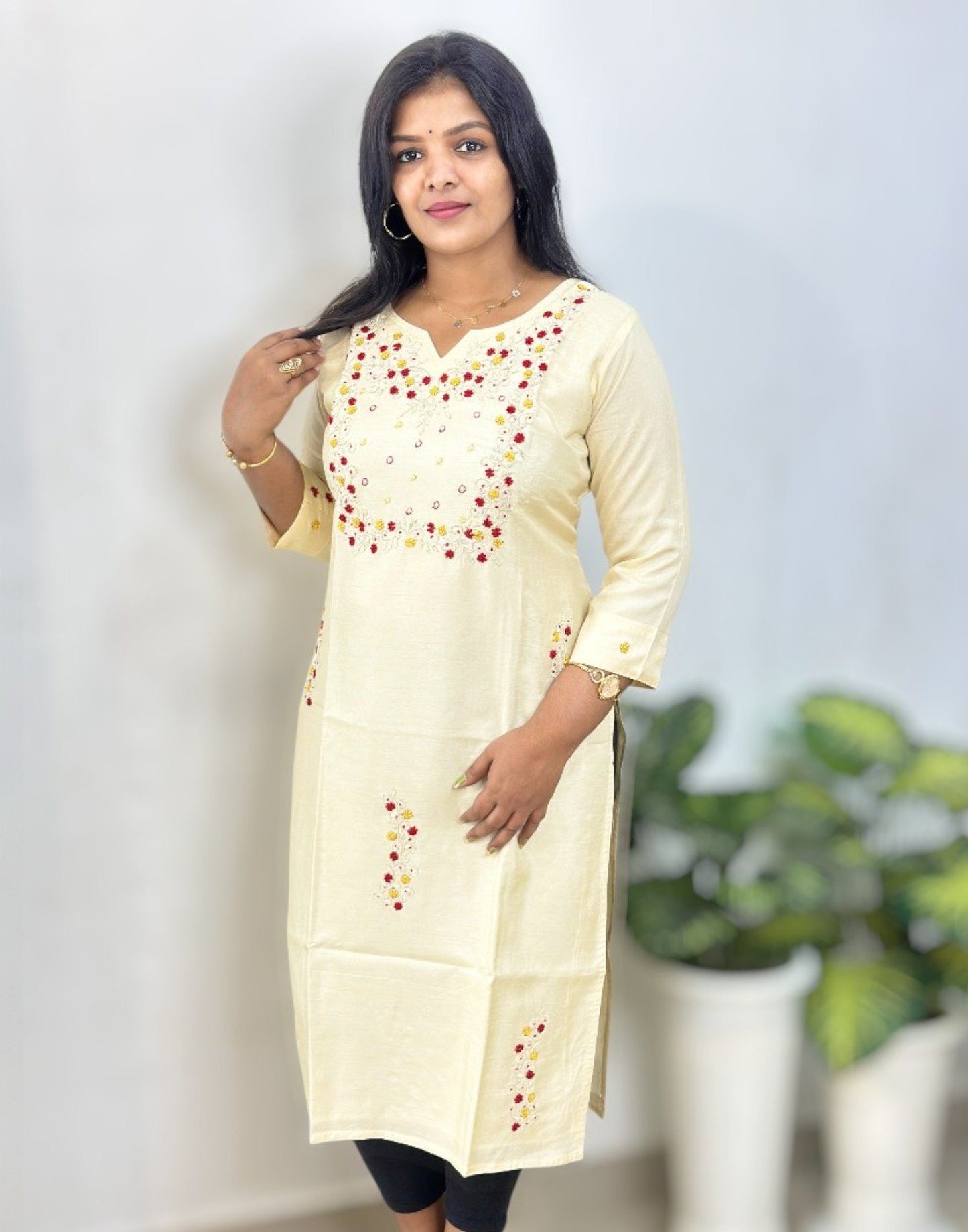 090925HK (E6326) ZARDOSI HANDWORK KURTI - Cream n Yellow