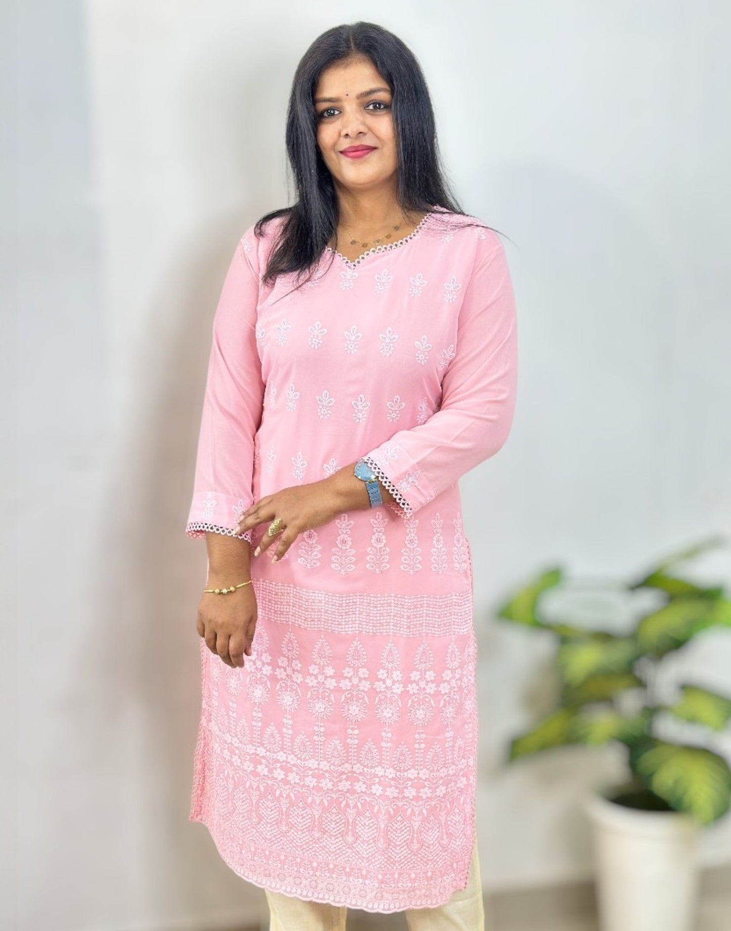 310825CK (E6425) GEORGETTE CHIKANKARI KURTI - Pink