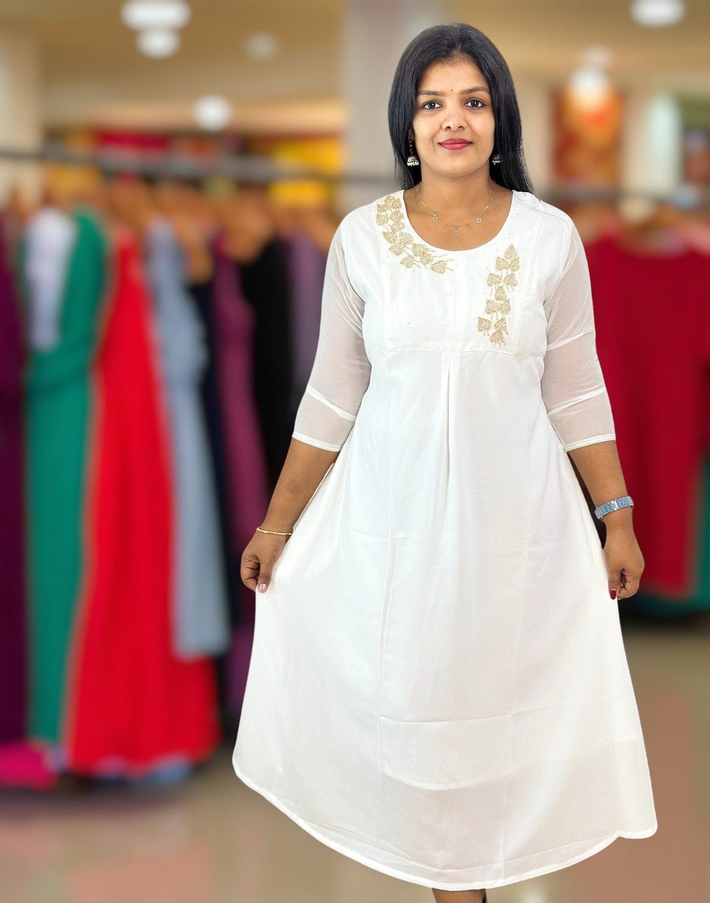 260825HK (E6407) GEORGETTE A-LINE KURTI - White