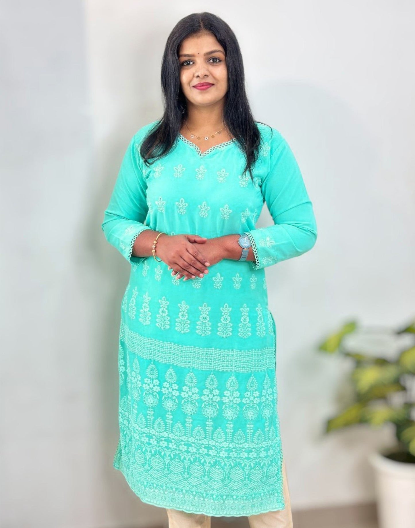 310825CK (E6425) GEORGETTE CHIKANKARI KURTI - Sage Green
