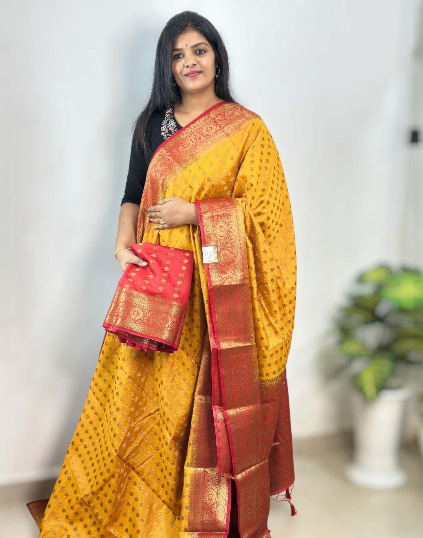 291025S (E6600) SEMI BANARASI SAREE - Yellow n Red