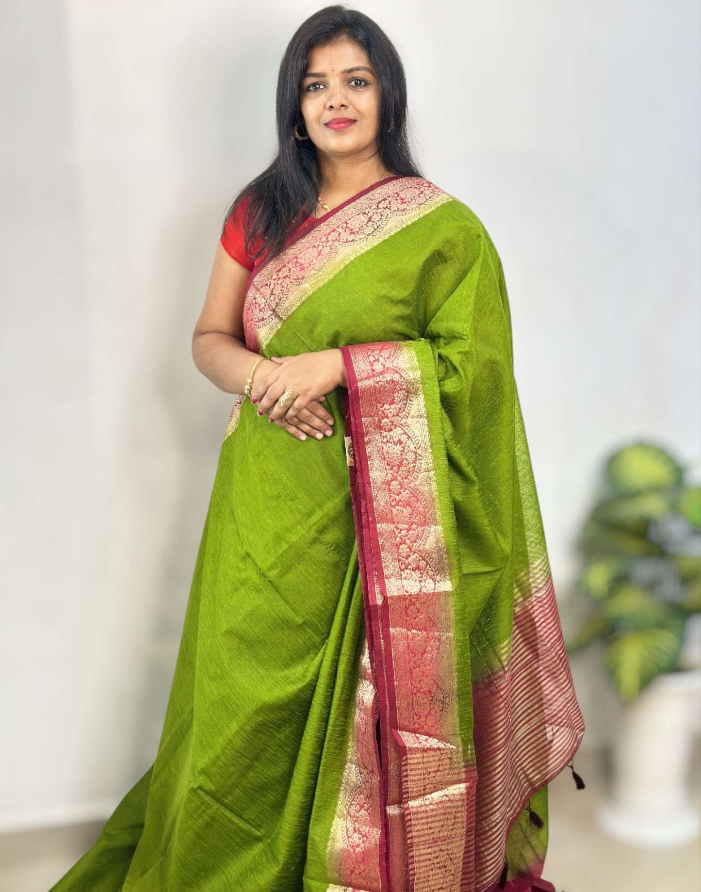 211125S (E6522) SEMI JUTE SAREE - Green n Wine