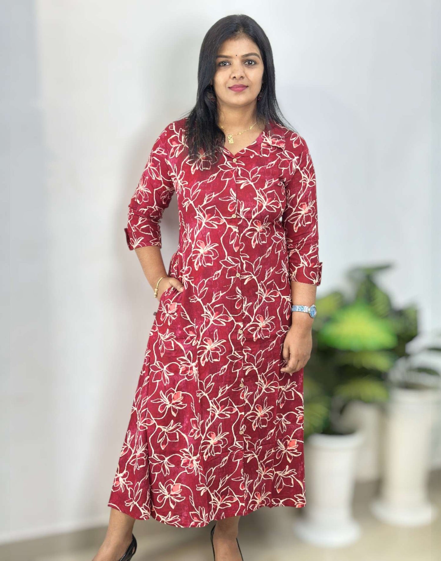 280925AK (E6518) A-LINE KURTI - Dusty Maroon