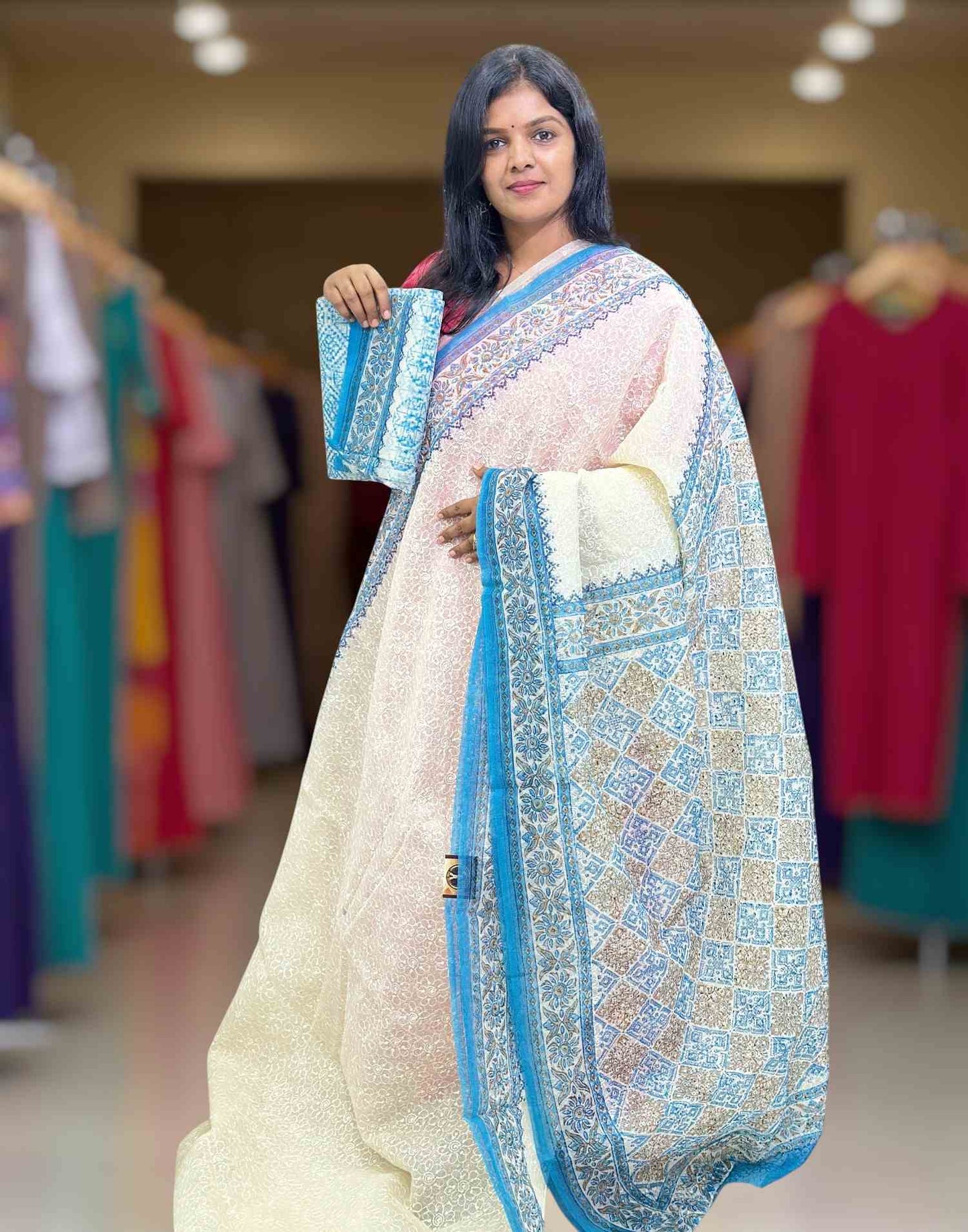 240925S (E6354) KOTA COTTON PHULKARI SAREE - Blue