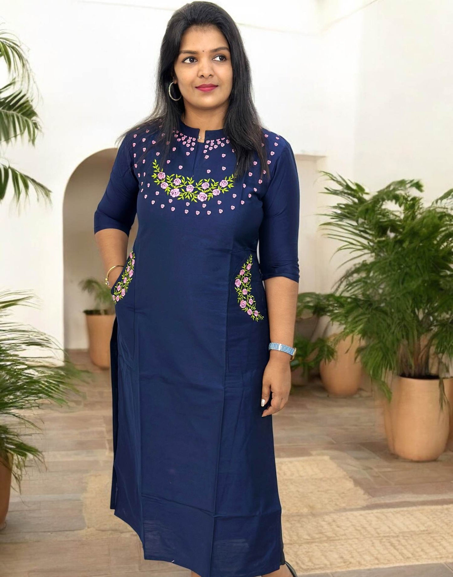 090425Z (E6035-6036) DESIGNER EMBROIDERY KURTI - Dark Blue