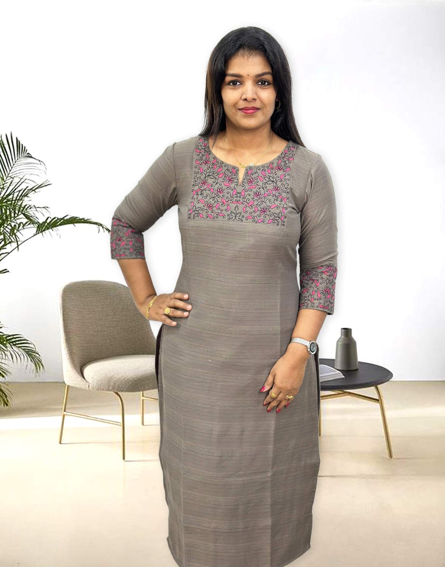 220324D (E3187) EMBROIDERY KURTIS - Mud Gray