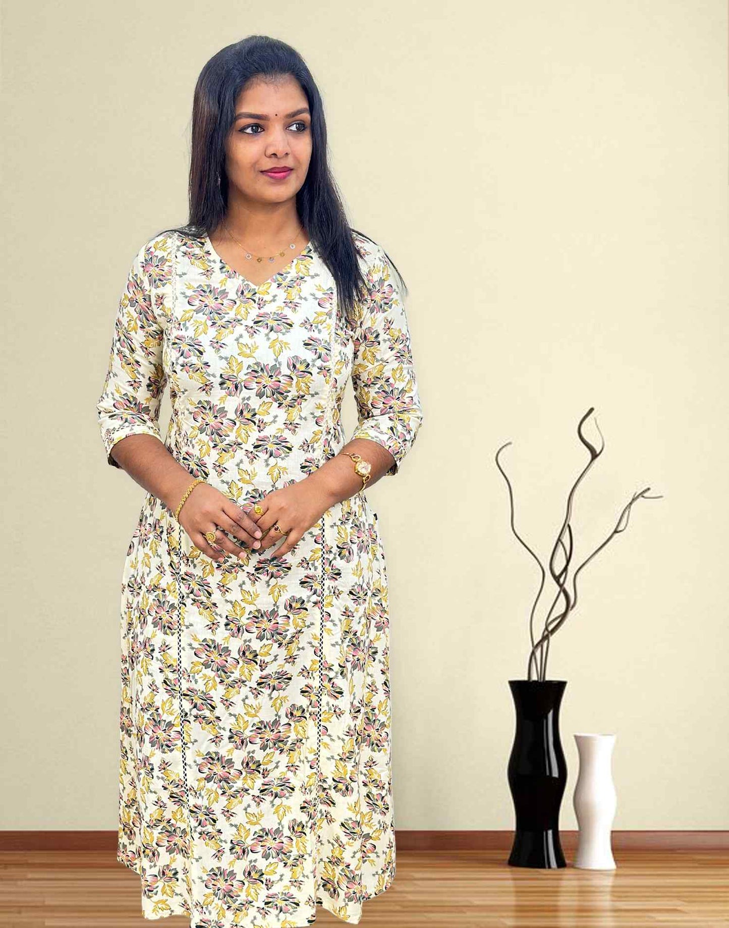 230324 (E3226) COTTON A-LINE KURTI - Mustard Yellow