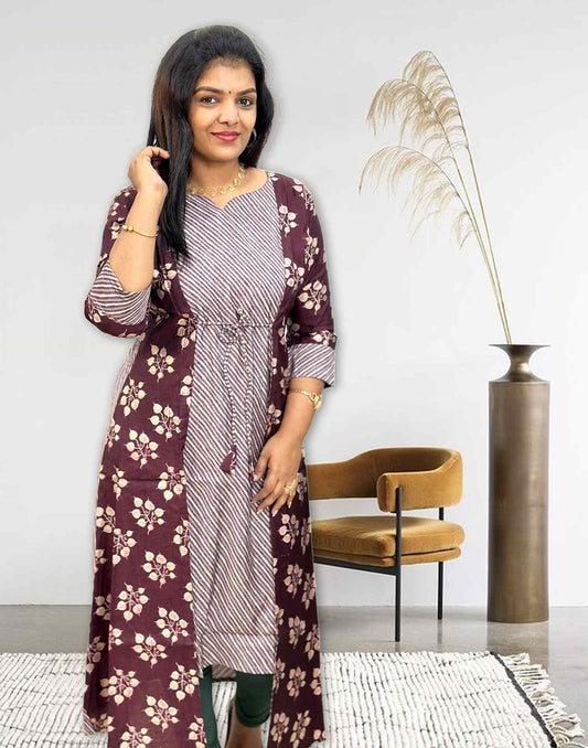 310524B (E3871) OFFER ZONE MUSLIN JACKET KURTI - Dusty Wine