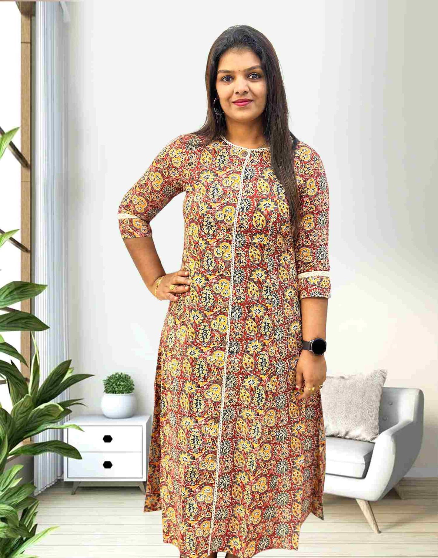 140624 (E2963) OFFER ZONE BRANDED A-LINE KURTI - Yellow & Maroon