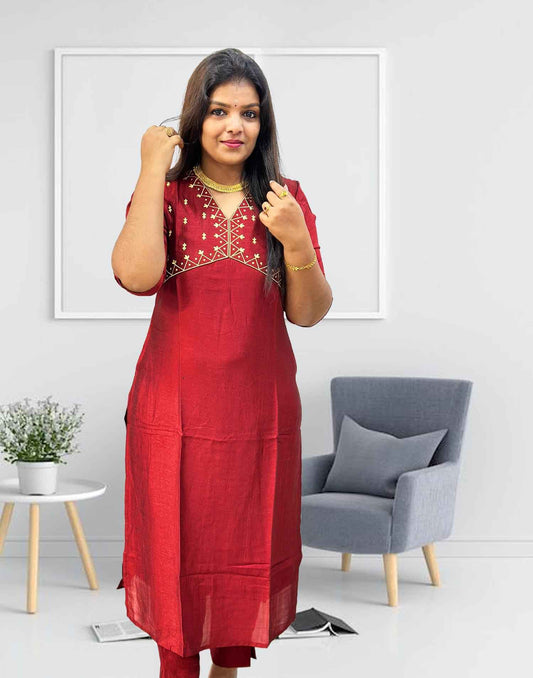 181123 (E2986) OFFER ZONE DESIGNER KURTI with BOTTOM - Reddish Maroon
