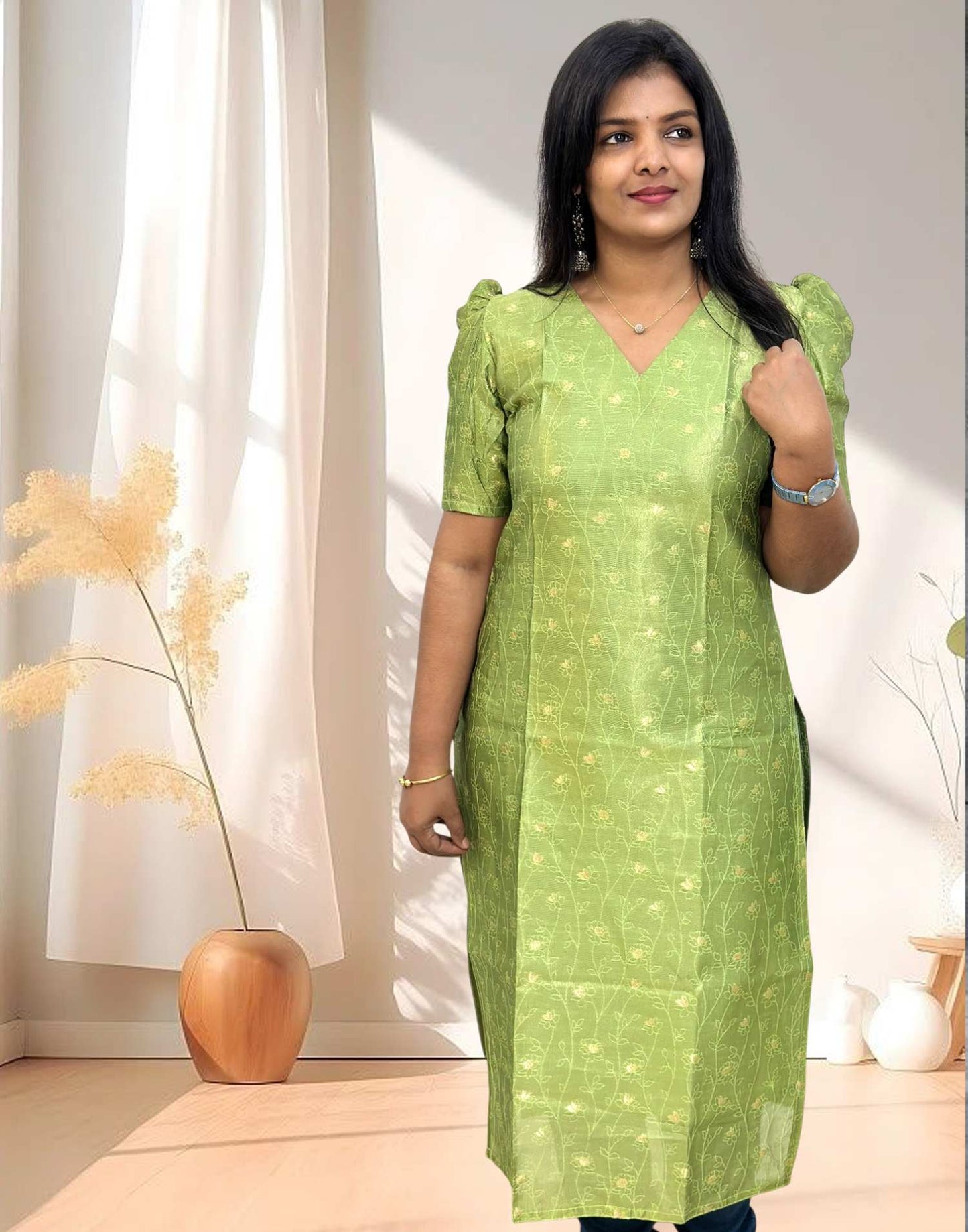 030425J (E6027) TISSUE BANARASI SLITED KURTI - Green