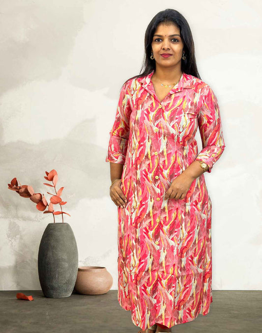220524B (E3848) OFFER ZONE MUSLIN A-LINE KURTI - Pink - ELENTRA DESIGNS BY NIMI HEINS