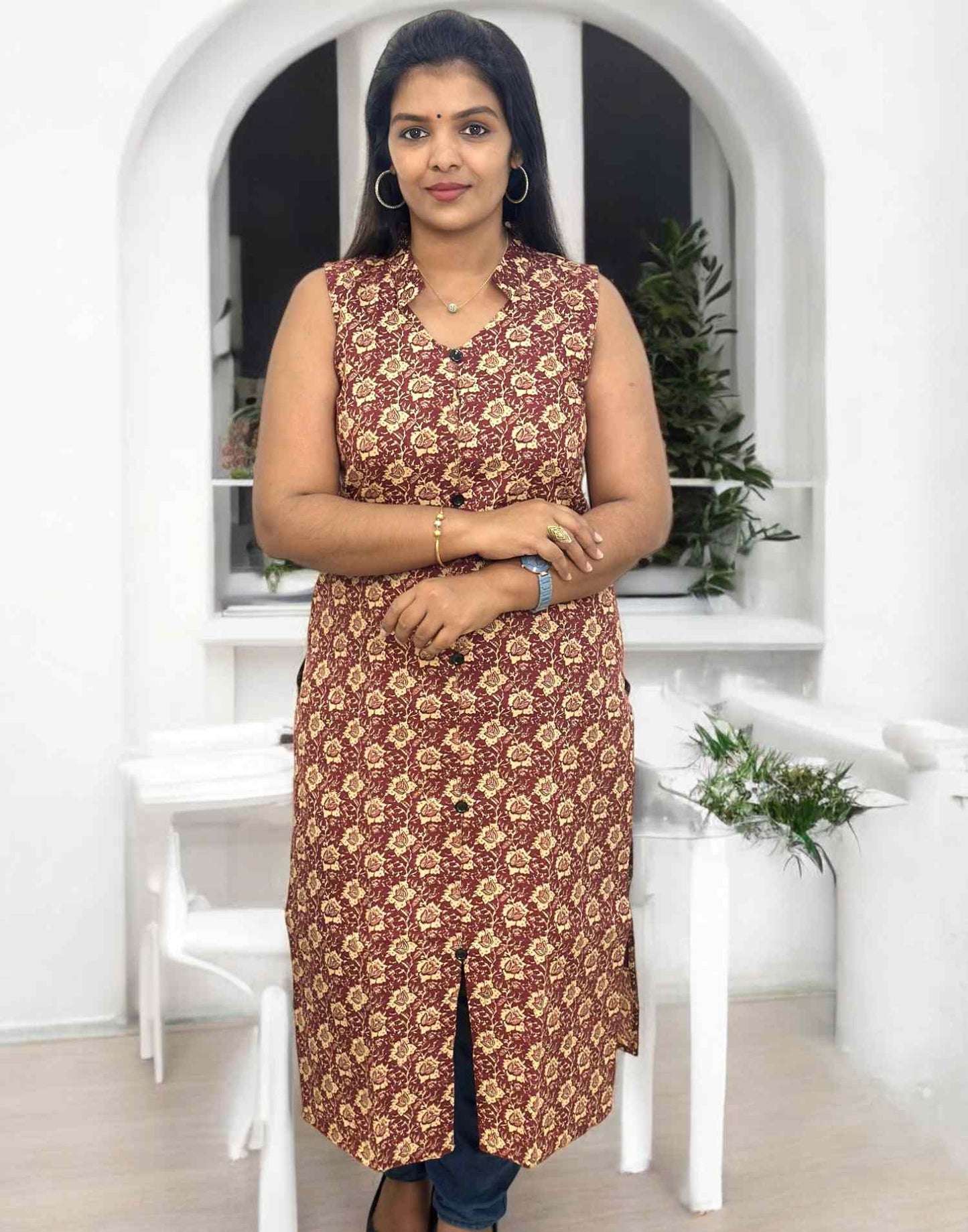 260325O (E5456) CASUAL SLITTED KURTI - Dusty Maroon