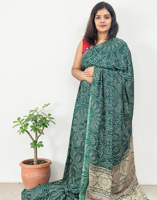 SAREE BANDHANI PRINT DARK GREEN E6906 180426S - ELENTRA DESIGNS BY NIMI HEINS