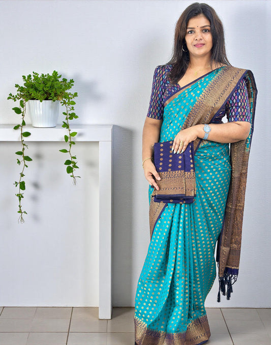 020126S (E6514) SEMI BANARASI SAREE - Turkoish Blue n Dark Blue