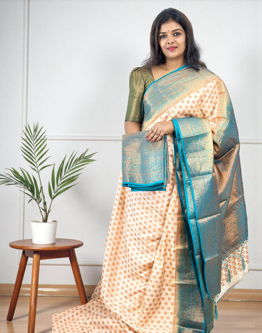 111225S (E6643) SEMI SILK SAREE - Cream n Turkoish Blue