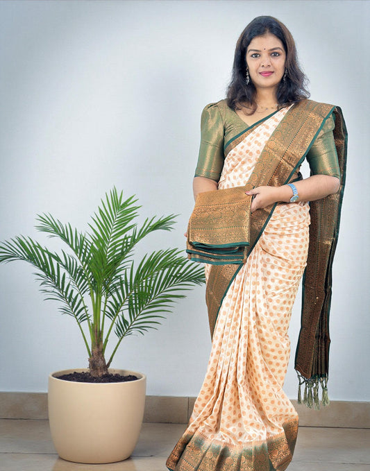 111225S (E6643) SEMI SILK SAREE - Cream n Dark Green