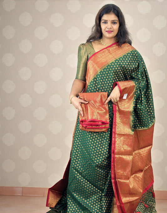 171225S (E6514) SEMI BANARASI SAREE - Green n Red