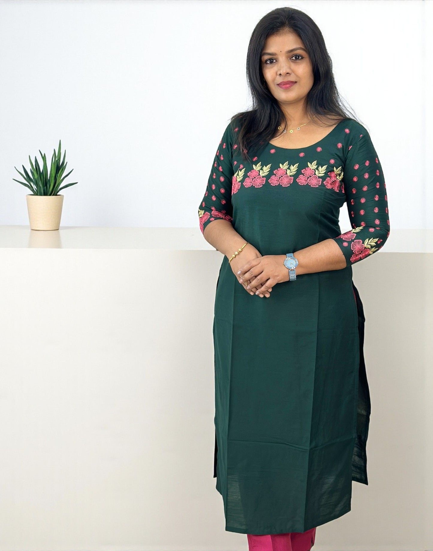 201025P - DESIGNER EMBROIDERY KURTI (Pre-Booking) - Dark Green