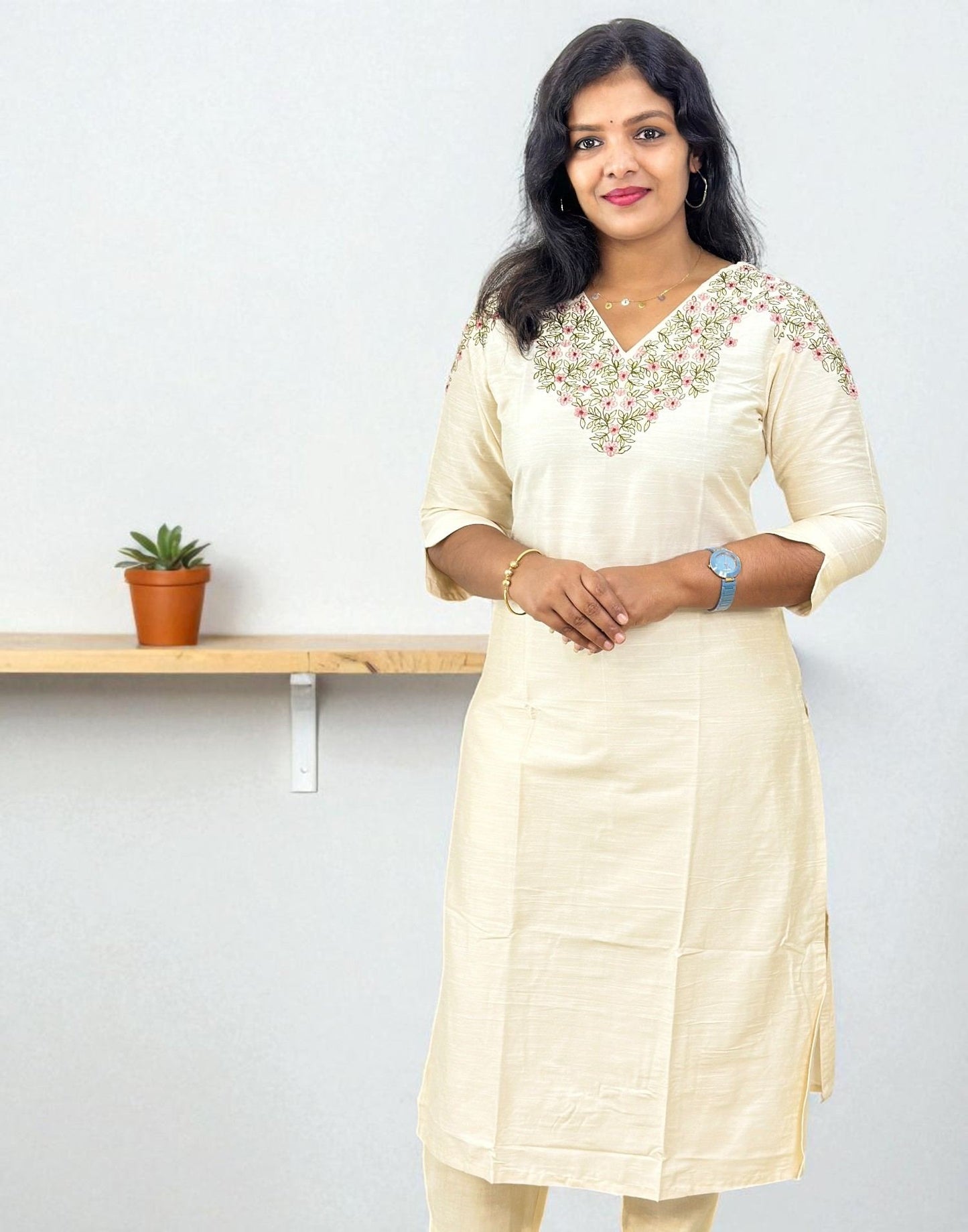 310825EK (E6450) DESIGNER EMBROIDERY KURTI - Cream