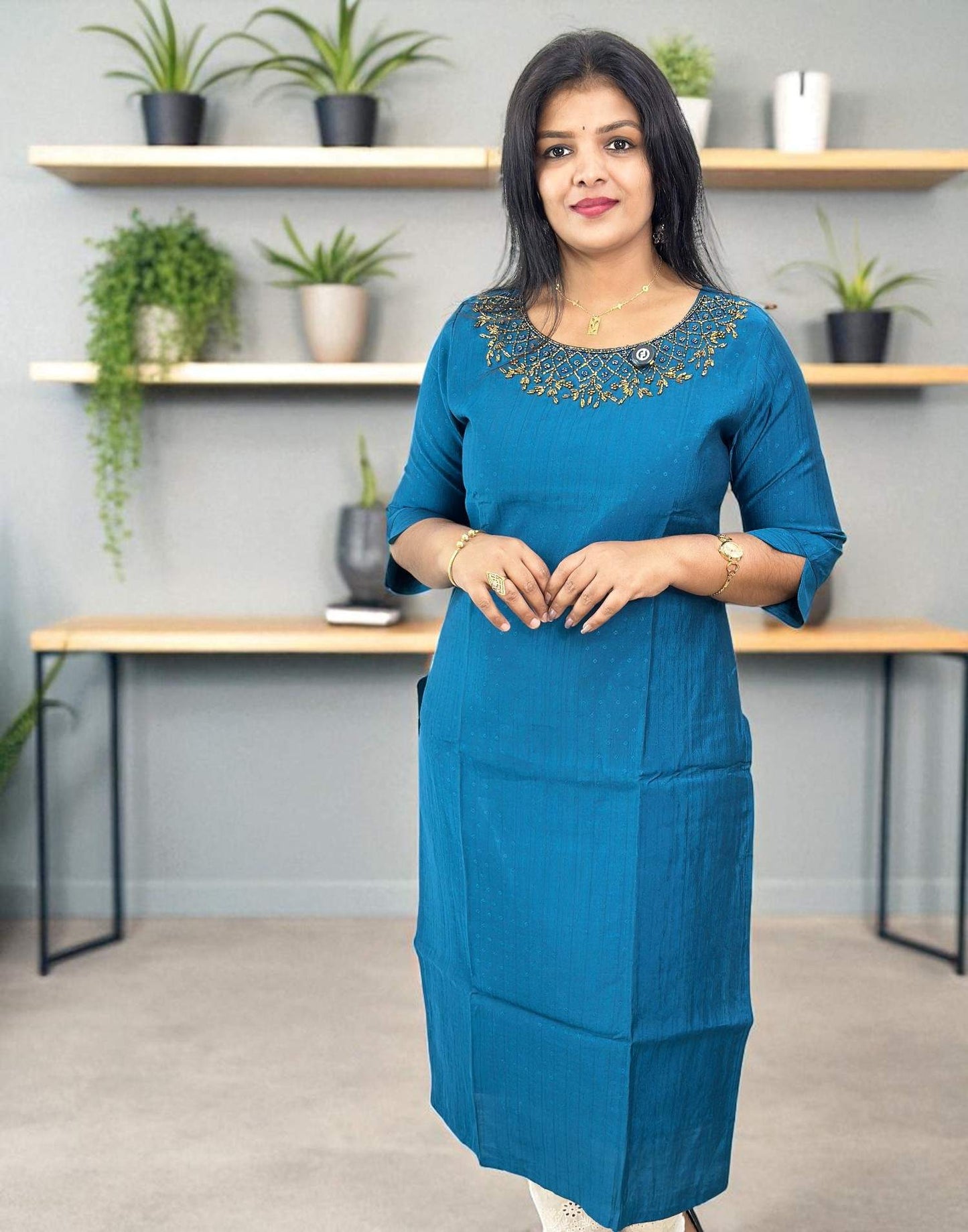 190825HK (E6341) BUDGET BUY HANWORKED SLITED KURTI - Teal Blue