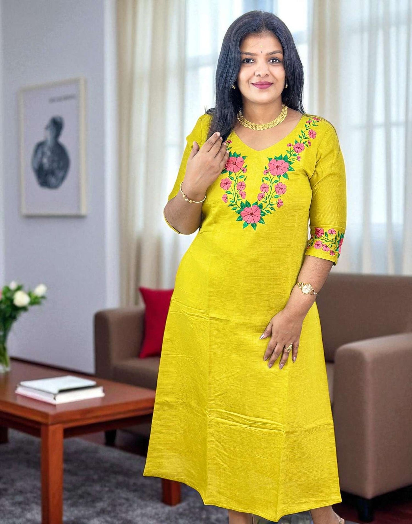 170825EK (E6385) DESIGNER EMBROIDERY A-LINE KURTI - Lemon Yellow
