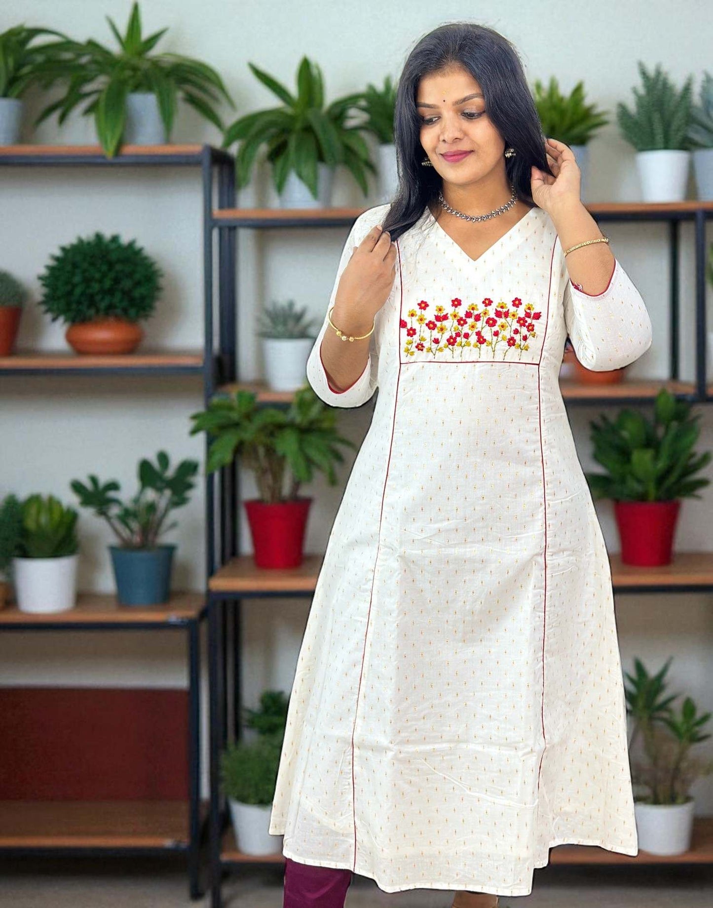180825EK (E6387) ONAM SPECIAL EMBROIDERY A-LINE KURTI - Red Flower