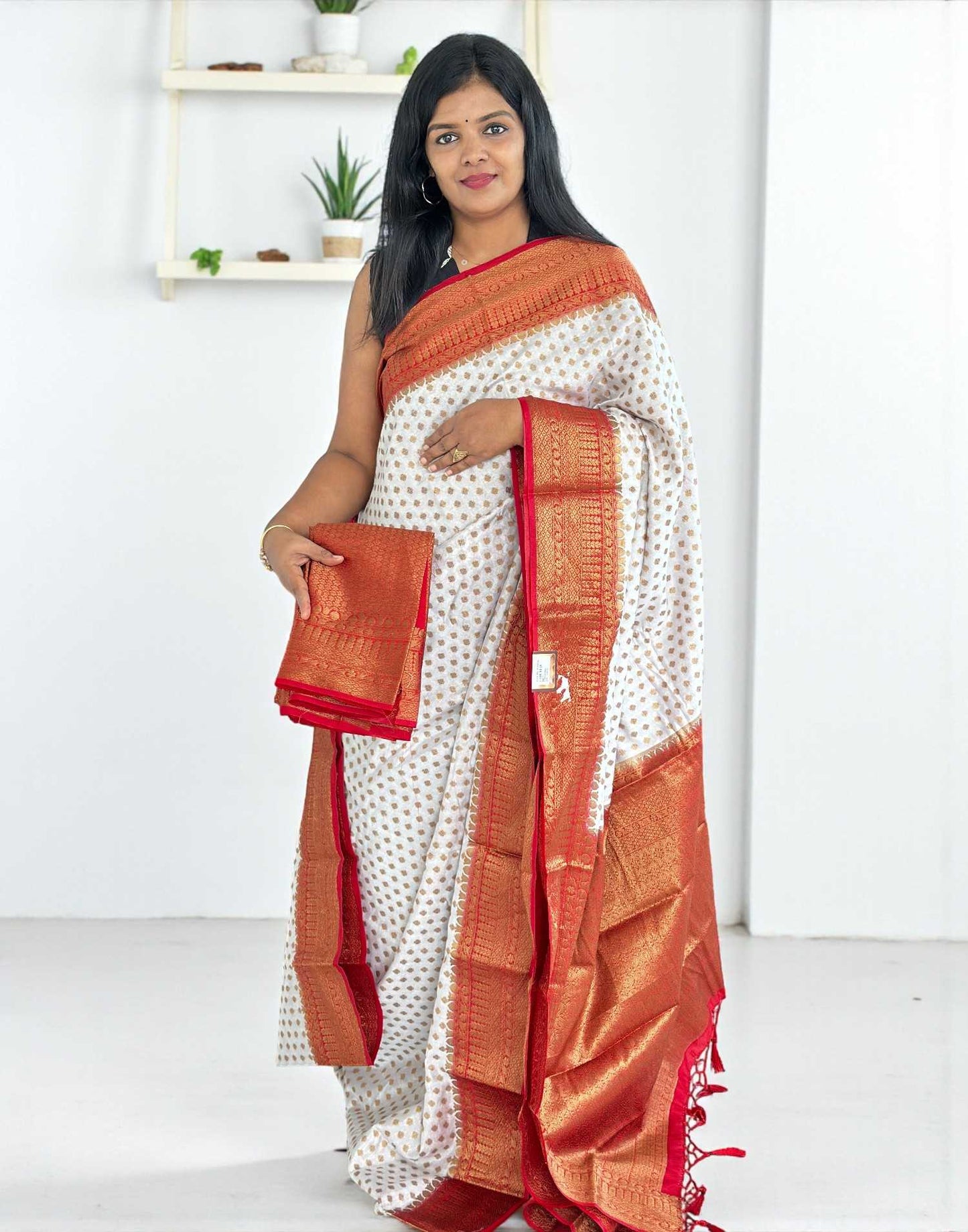141025S (E6514) SEMI BANARASI SAREE - White n Red