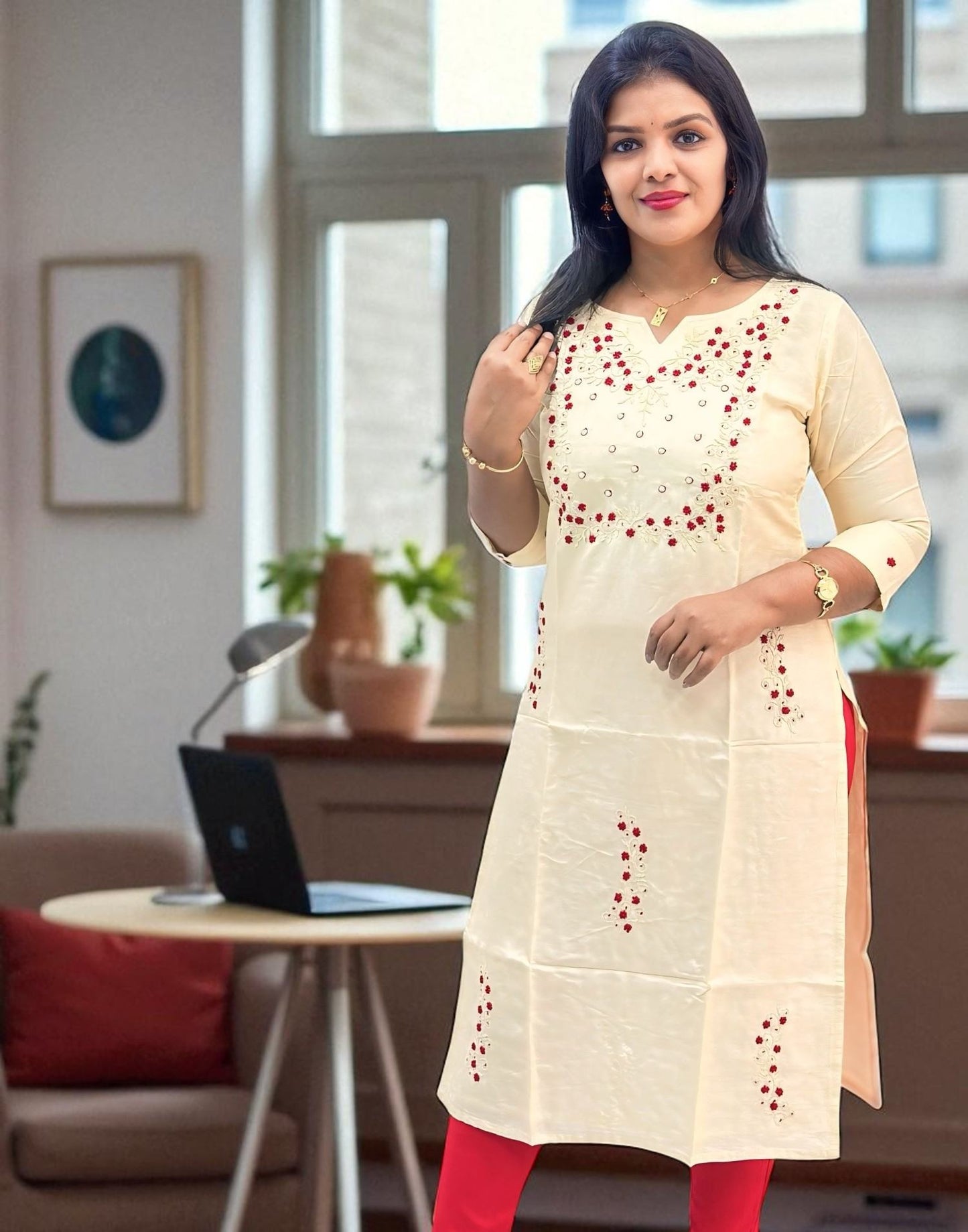 210825HK (E6409) ONAM SPECIAL ZARDOSI HANDWORK KURTI - Cream n Red
