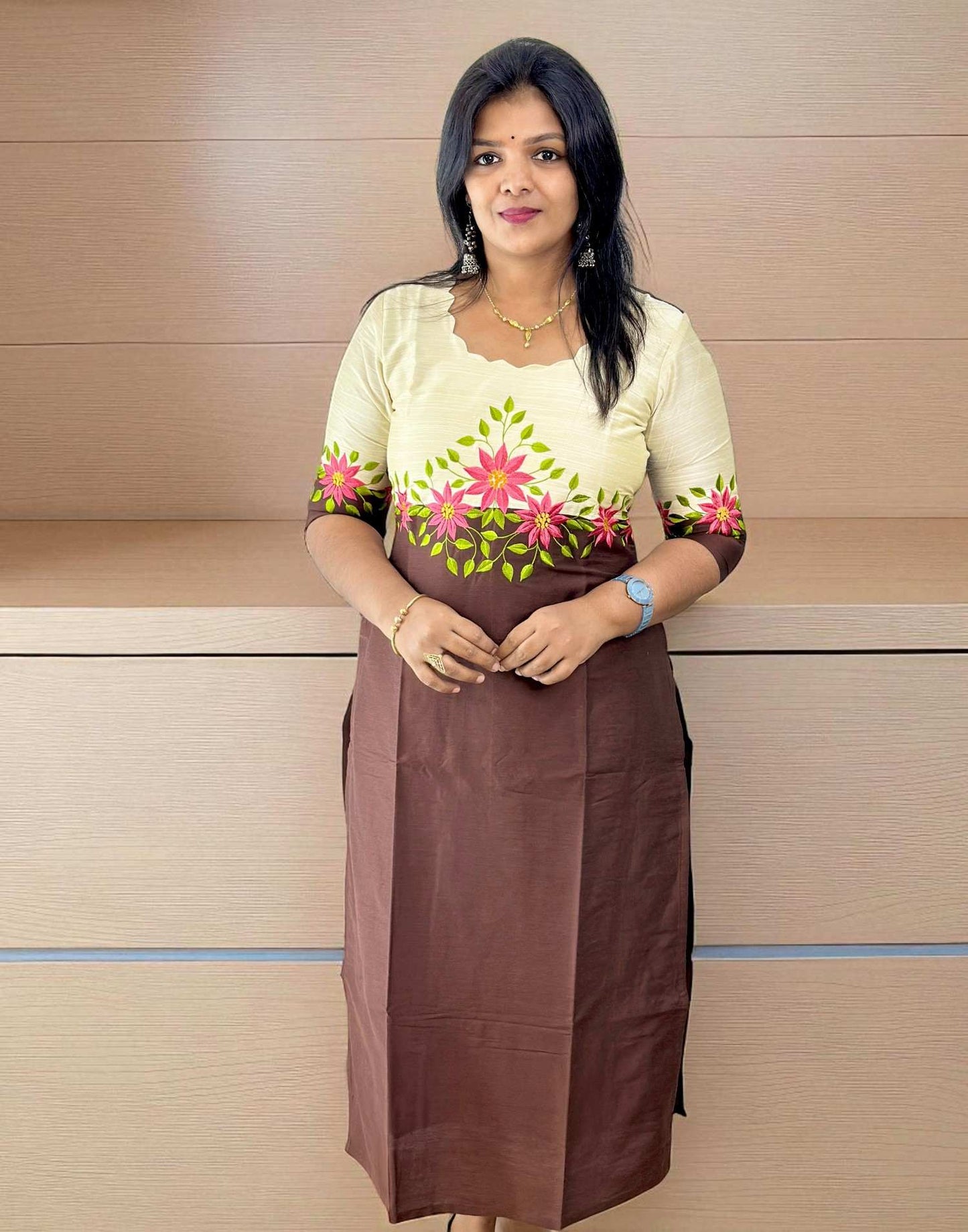 300725EK (E6283-E6284) DESIGNER EMBROIDERY KURTI - Cream n Coffee