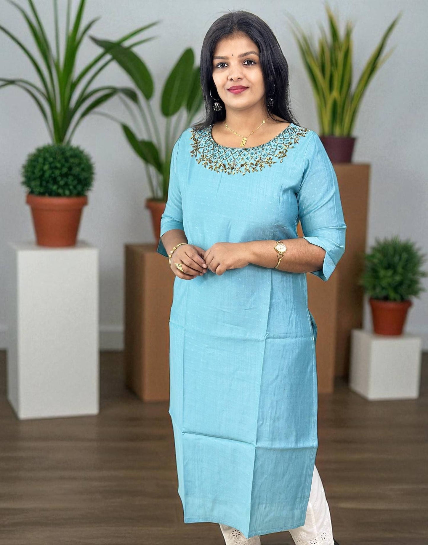 190825HK (E6341) BUDGET BUY HANWORKED SLITED KURTI - Powder Blue