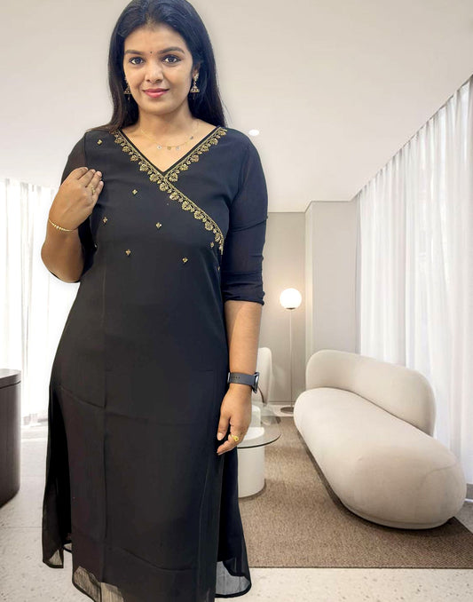 120624 (E2337) HANDWORKED GEORGETTE A-LINE - Black