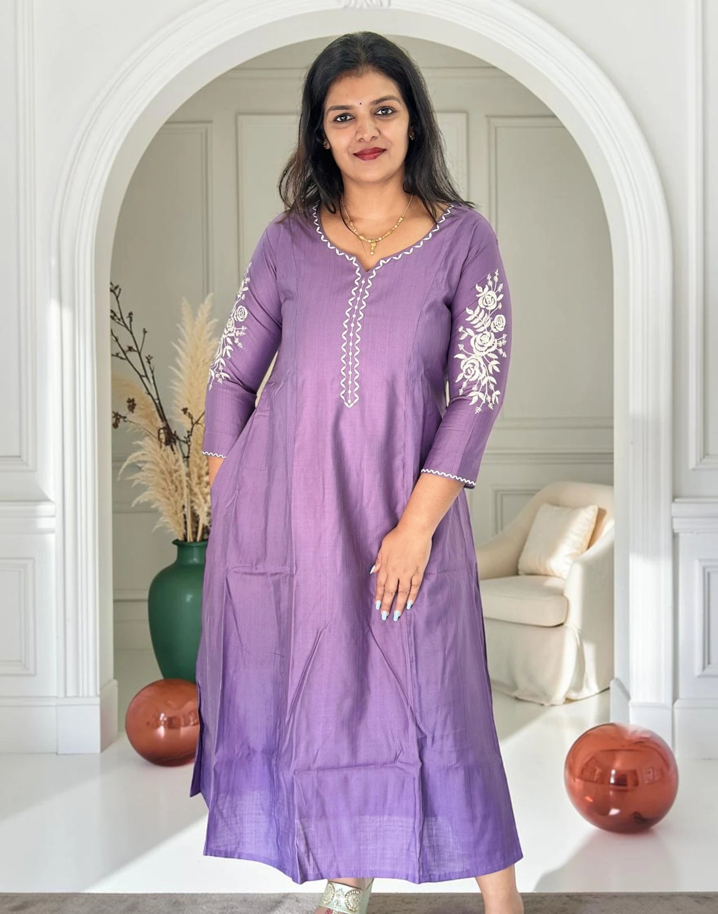 A-LINE EMBROIDERY KURTI LAVENDER E7390 101026AK - ELENTRA DESIGNS BY NIMI HEINS