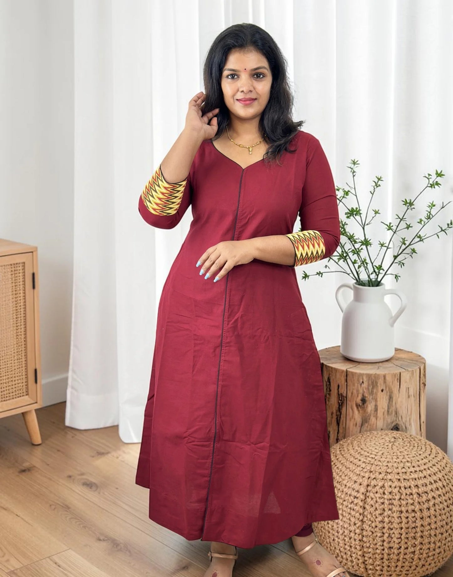 COTTON SLITTED KURTI MAROON 101026SK - ELENTRA DESIGNS BY NIMI HEINS